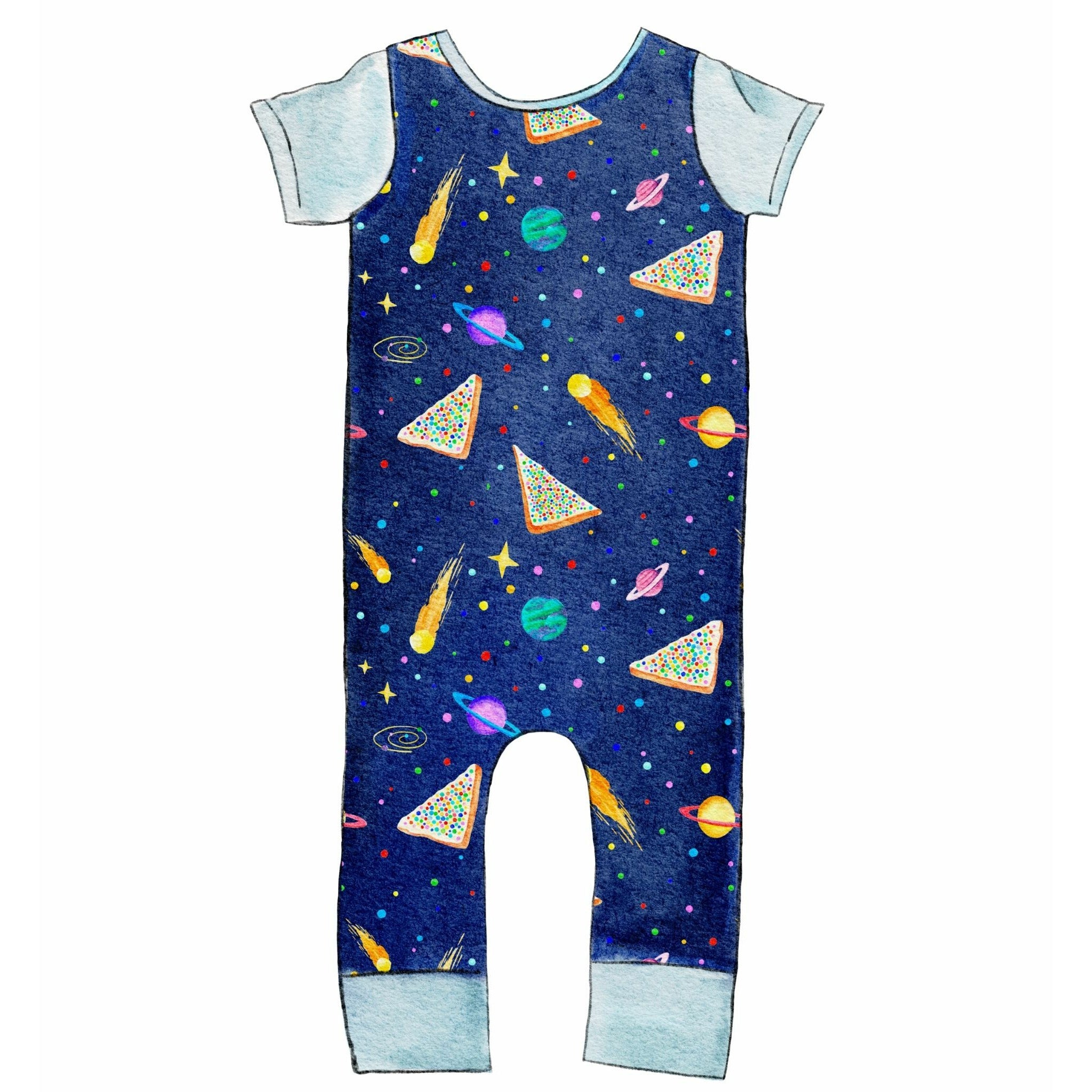 Watercolour image of sprinkle galaxy romper with fairy bread and planets