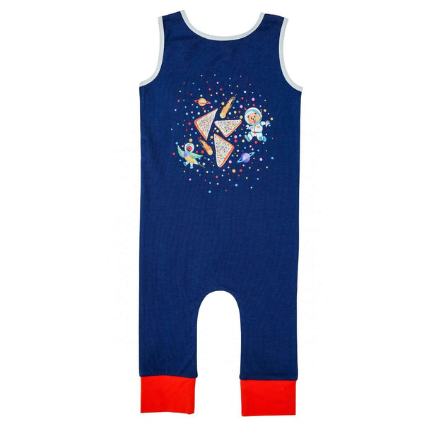 Photo of navy blue romper with cartoon astronaut fairy bread and colourful sprinkles | Goldie and Quentin Astronaut Romper | León & Bird