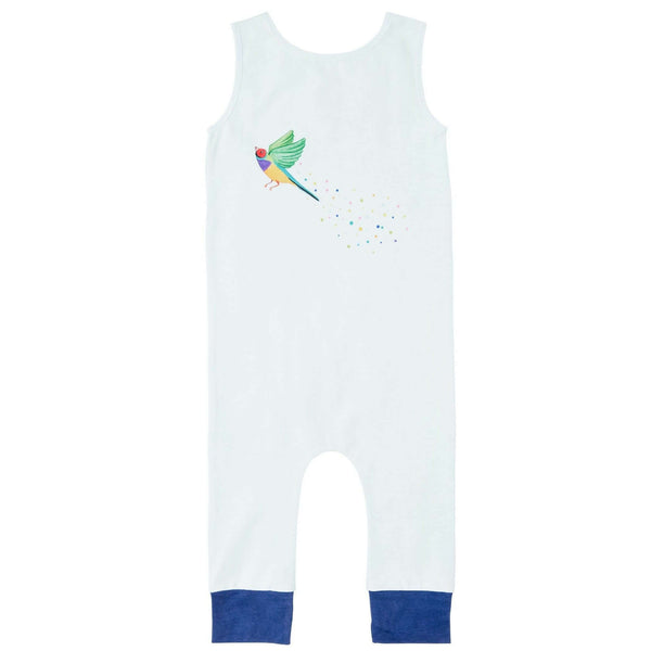 Photo of the Leon and Bird Goldie romper. Pale blue with an illustration of gouldian finch bird and colourful sprinkles | 'Goldie' Girls Organic Cotton Romper | León & Bird